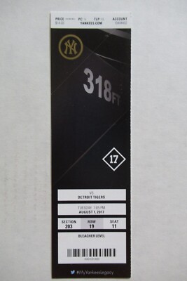 NEW YORK YANKEES VS TIGERS 8/1/2017 FULL TICKET ~ HICKS/UPTON/GREGORIUS HRs