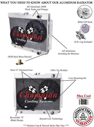 AR Champion 2 Row Radiator W/ 2 12" Fans for 1962 - 1965 Chevrolet Nova #EC65BA - Foto 5 di 9