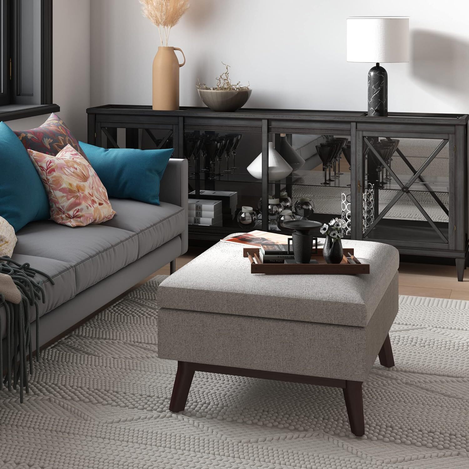 SIMPLIHOME Owen 34 Inch Wide Mid Century Modern Rectangle 34 inch, Cloud Grey 