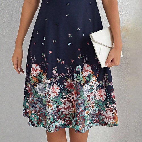 Damen Kurzarm A-Linie-Kleid Blumen Sommerkleid Partykleid V-Neck Midikleid Reise - Bild 8 von 18