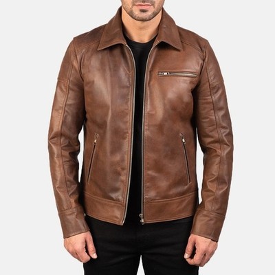 Men s Brown Genuine Cowhide Leather Jacket Classic Biker Motorcycle Zip Up Coat