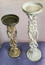Pair of Tall Pedestal Candle Holders, Sturdy Metal, 12" & 15"