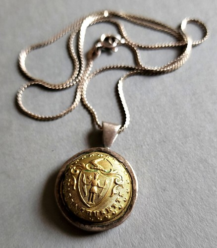 19th C. Massachusetts State Seal Button, Sterling Silver Pendant, Chain, Antique