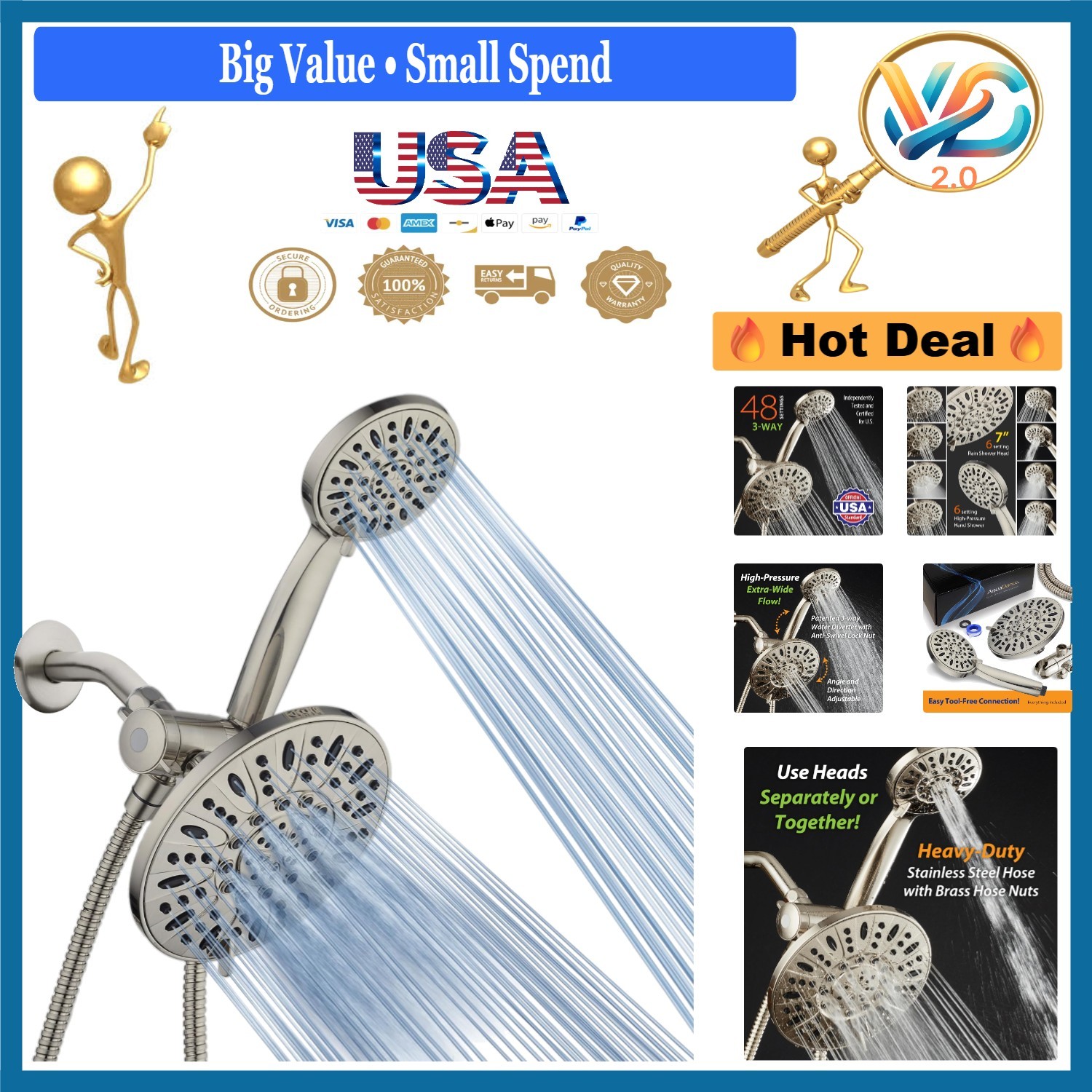 7-Inch High Pressure Rainfall Shower Head & Handheld Combo B