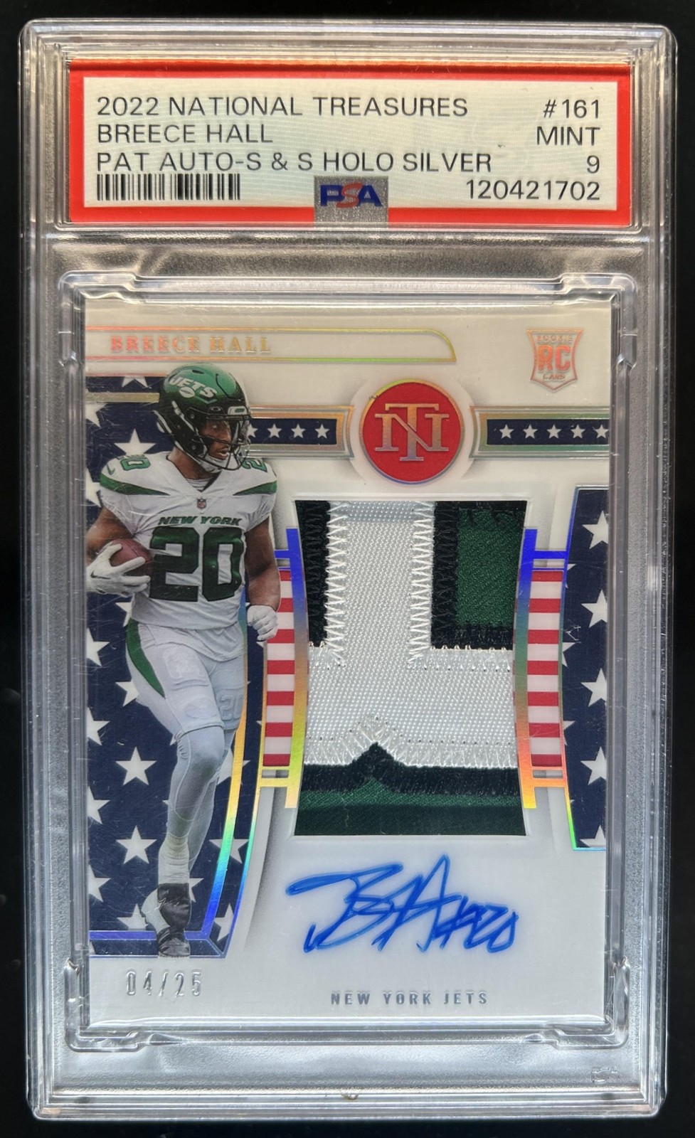 2022 National Treasures Breece Hall Rookie Patch Auto Stars Stripes #/25 PSA 9 view 1