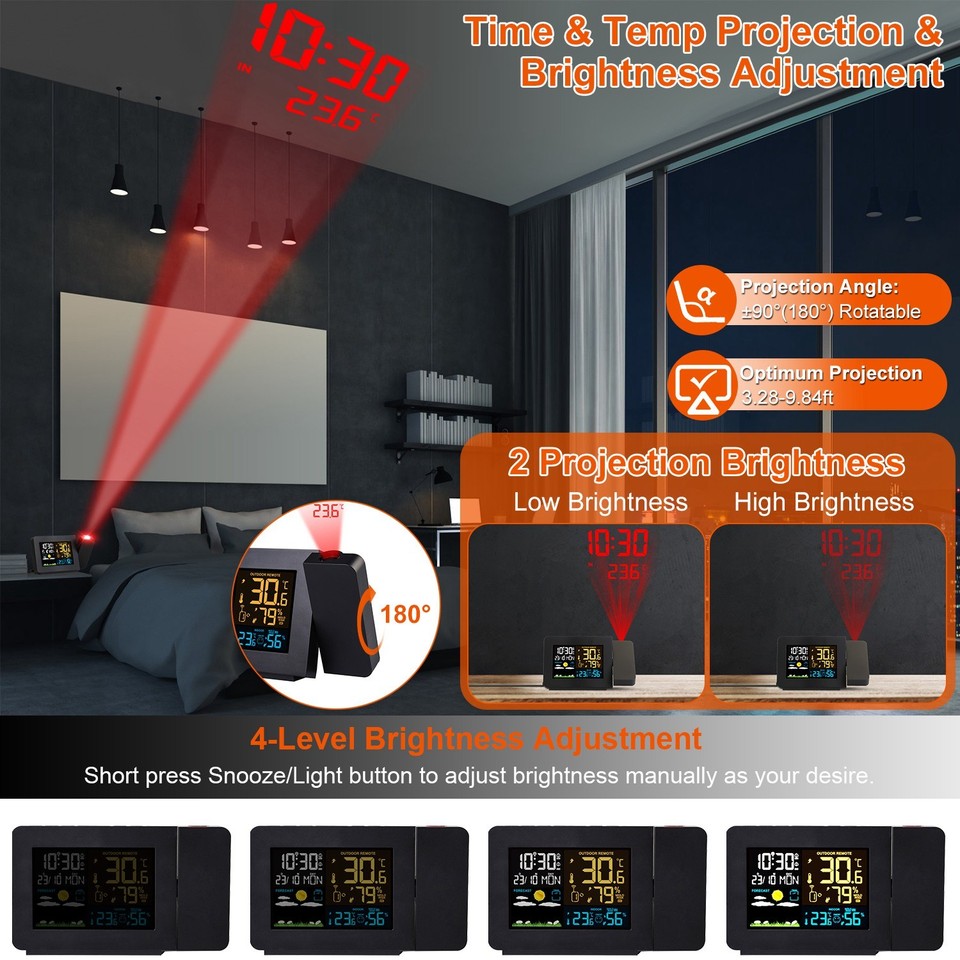 Atomic Projection Alarm Clock w/ Wireless Weather - Temp Humidity ...