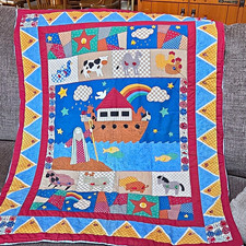 Handmade Crib Quilt Noah's Ark Animals Flannel Backed 33" X 42" Perfect Cute