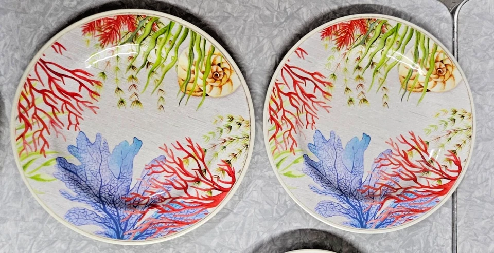 Juego de vajilla Coastal Coral Reef 10 piezas platos con cáscara de pescado cuencos océano playa Foto 2 de 4