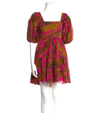 FARM RIO Croco Pink Short Slv Tiered Printed Cotton Poplin Mini Dress Sz XS/2