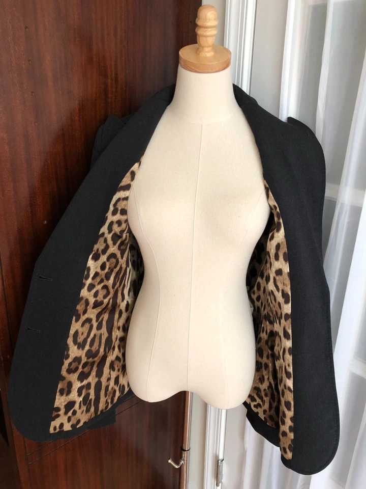 Dolce Gabbana Womens IT 46 Wool Blend Peak Lapel Blazer Jacket Leopard Lining - Image 3 of 4