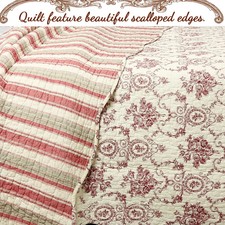 NEW  COZY SOFT COTTAGE CHIC COUNTRY SOFT RED ROSE IVORY WHITE CREAM QUILT SET