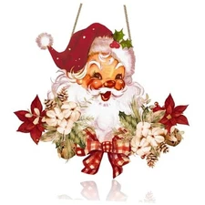 Vintage Style Santa Claus Welcome Sign - Wooden Hanging Sign for Front Door 
