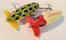 Vintage early-1940s Arbogast Jitterbug LOT OF 2 Wood WW2 Topwater Fishing Lures