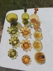 VTG Mid Century Modern Art Glass Lot: Amber & Olive Green Decanters Bowls Jars