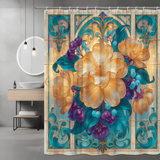 Floral Shower Curtain with Teal and Gold Art Nouveau Design