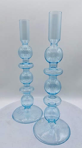 Set Of 2 Light Blue Blown Glass Candle Stick Holders 11” - Picture 2 of 6