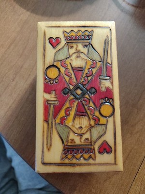 Polish Wood Playing Card Box King of Hearts Hand Carved & Painted Vintage