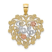 14k Two-Tone Gold Heart Pendant Women Filigree Rose Flowers I Love You Necklace