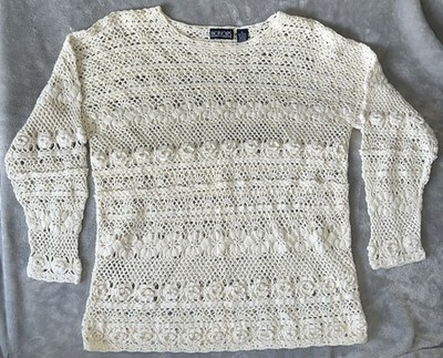 Honors Vintage 90s Womens M Crochet Open Knit Floral Cotton Ramie White Boho Top
