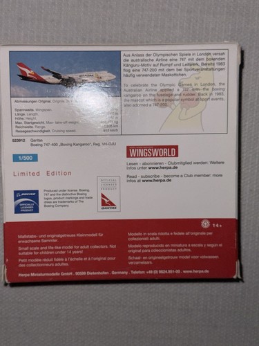 Herpa 1:500 Qantas Boeing 747-400 Boxing Kangaroo - Picture 2 of 2