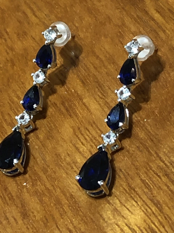 Blue And White Sapphire Earrings-10k White Gold - Image 4 of 4