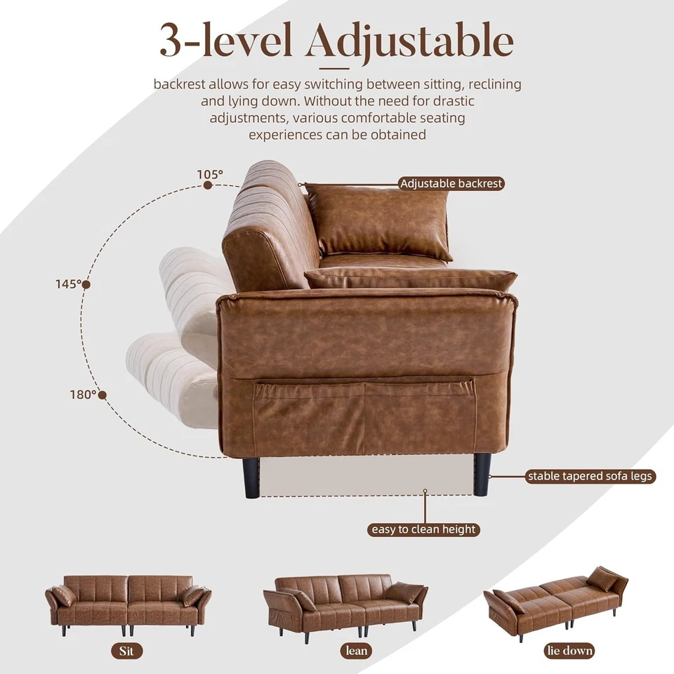 Sofá cama convertible 3 en 1 de cuero de 82" sofá cama sofá sofá sofá sofá cama Foto 4 de 4