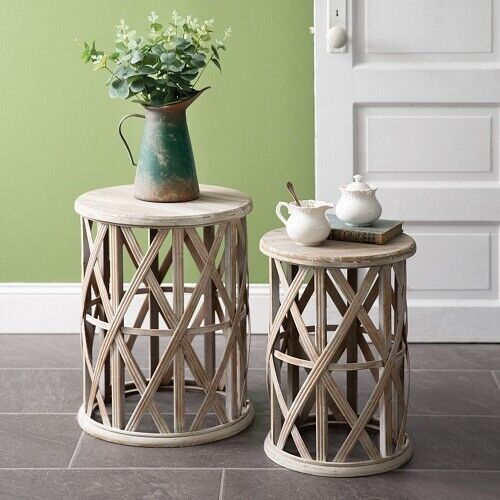 Set of Two Basket Weave Accent Nesting Side Wood Bamboo Tables - Picture 1 of 2