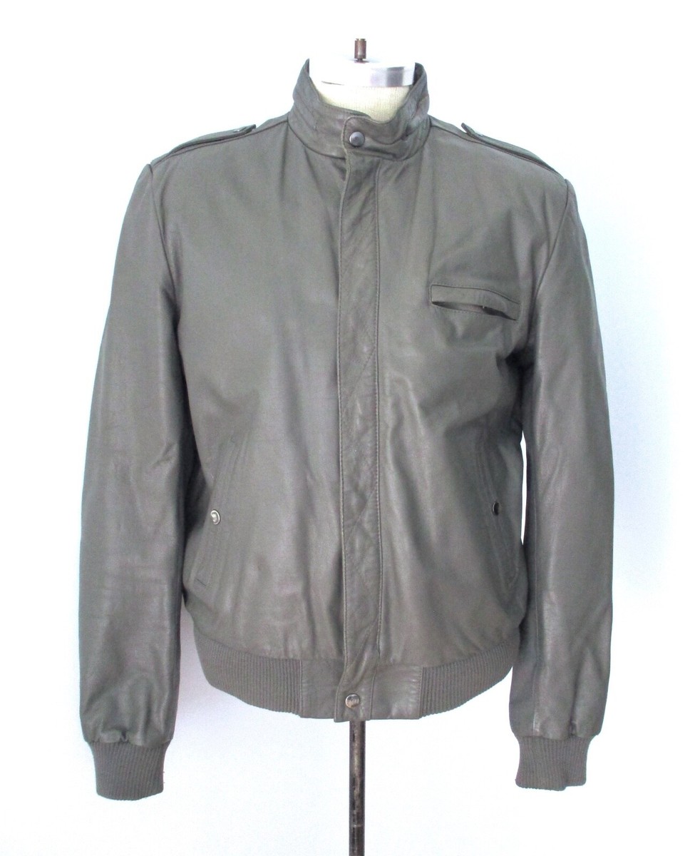 Vtg 80s New Wave Gray Leather Bomber Aviator Cafe Racer