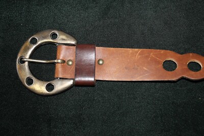 Vintage Genuine Leather Women Belt Brown Pink Retro Circle Print Brass Buckle S Womens Brown Leather Belt With Circle Cutouts & Horseshoe  main image 3
