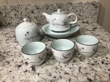 Vintage Hand-painted Japanese Tea Set, Flower  Fish. 5 Piece Set With Case
