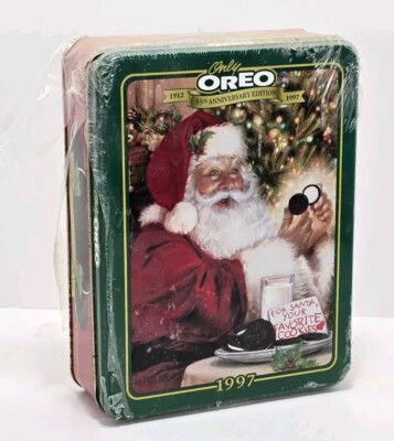 Vintage Unopened OREO COOKIES Bag Inside Christmas Holiday Tin - Year 1997!