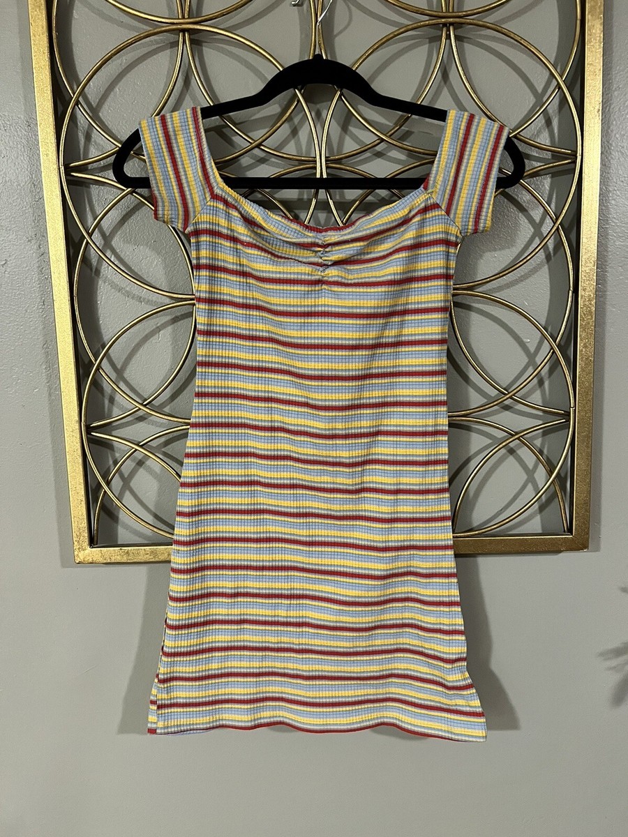 90s striped dress Urban outfitters Y2K Style Rainbow knit bodycon Mini Size M White striped