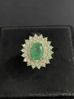NATURAL  EMERALD OV 9X6 TSAVORITE NATURAL DIAMOND STERLING SILVER 925 RING