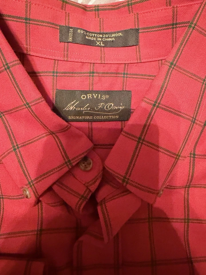 Camisa Orvis Hombre XL Naranja Cuadros Colección Signature Mezcla Algodón Lana Foto 3 de 4