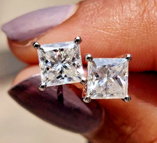 1.50 Ct Princess Cut White Diamond Solitaire Studs-Great Shine 925 Silver