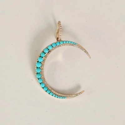 2Ct Round Cut Lab-Created Turquoise Crescent Moon Pendant 14K Yellow Gold Plated