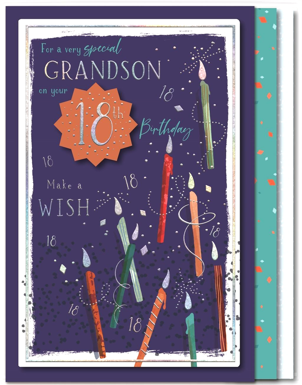 Birthday Card 18th 18 GRANDSON. BOXED Luxury 3-page Card. Silver-foil embossed.
