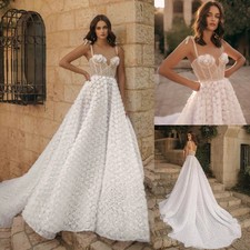 Boho A-Line Wedding Dresses Spaghetti Straps Ruffled Lace 3D Flowers Bridal Gown