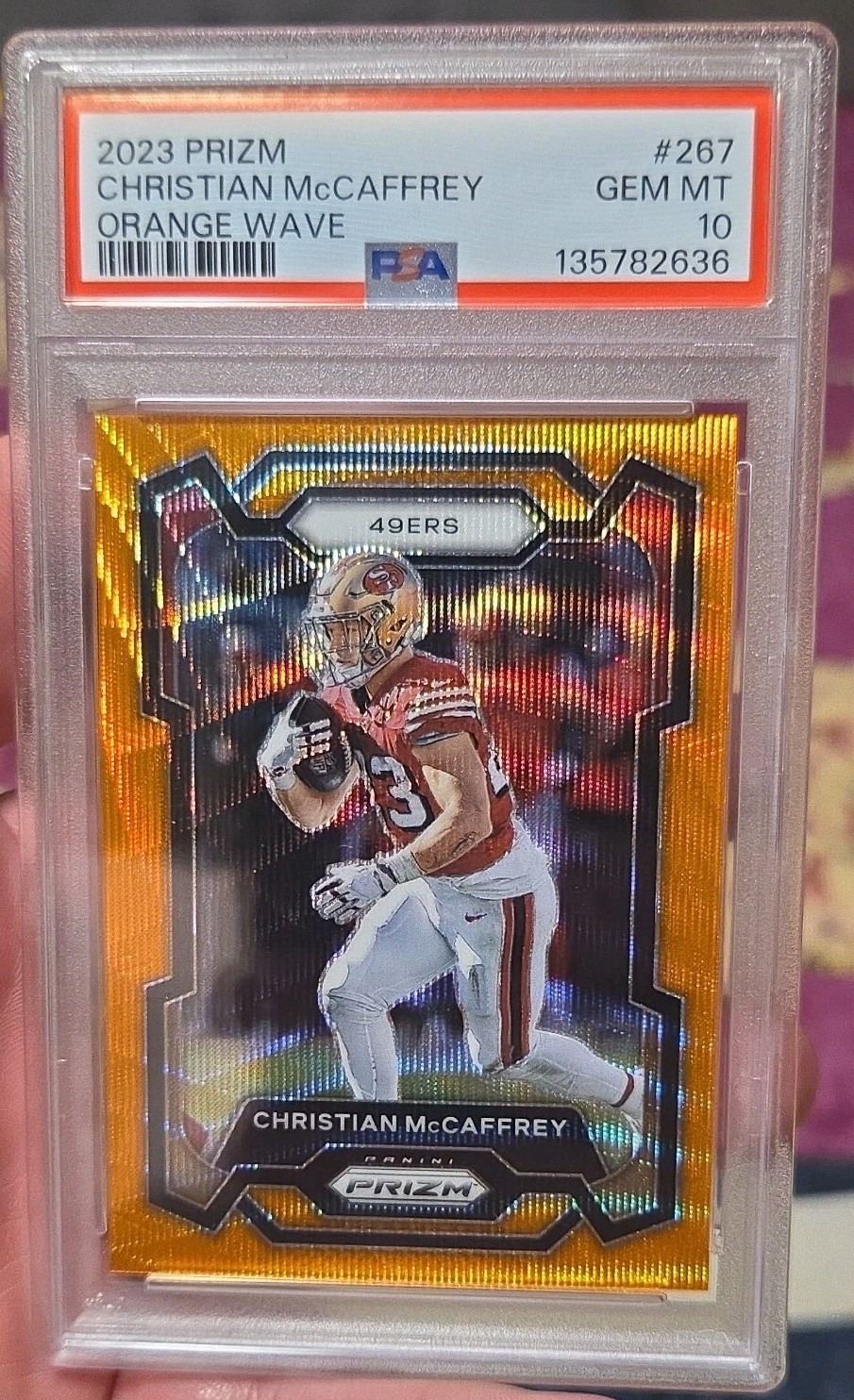2023 Panini Prizm - Christian McCaffrey #267 Orange Wave Prizm /60 PSA 10