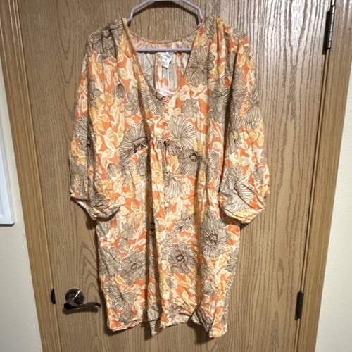 Kind of the Heart Women's M Orange Floral V-Neck 3/4 Sleeve Shift Short Dress