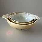 Vintage Pyrex Homestead Cinderella Mixing Bowl Set 442, 443, 444 Tan Blue & Blue