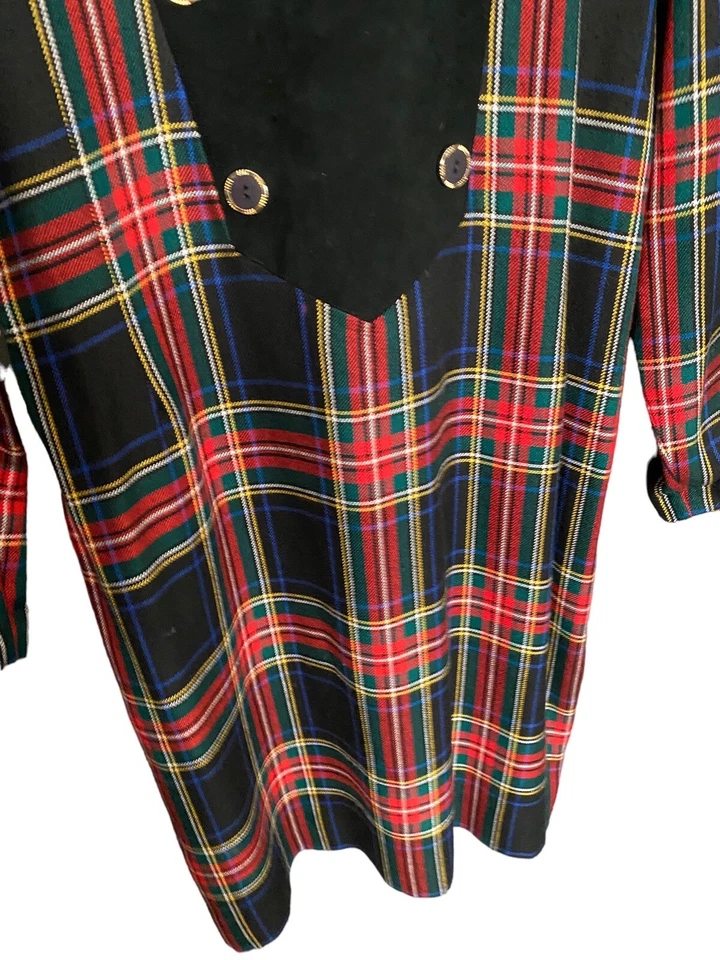 Vtg Tartan Plaid Dress Long Sleeve Sheath Women 6 8 Red Black Mod Buttons Bow - Image 3 of 4
