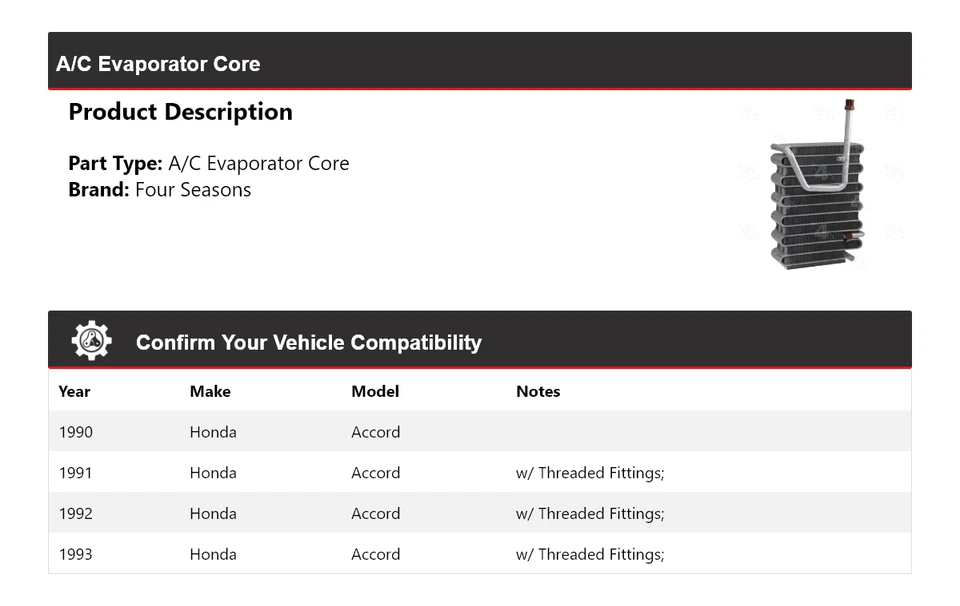 Núcleo evaporador aire acondicionado Honda Accord 1990-1993 4 estaciones 1991 1992 Foto 2 de 4