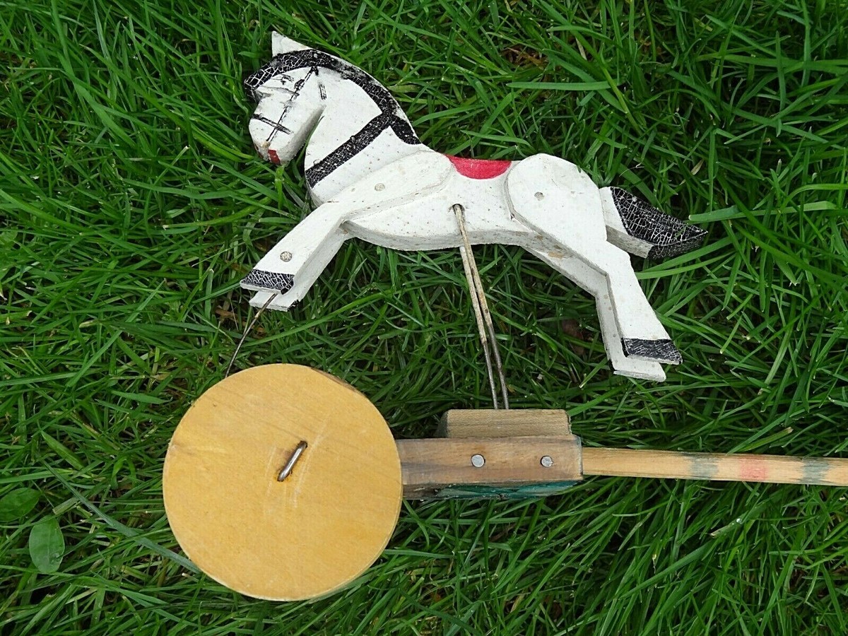 Jouet à Pousser En Bois Ancien – Cheval Blanc Cirque, Allemagne, Peu Courant