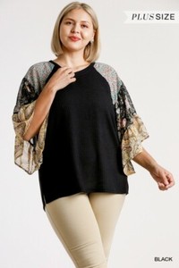 Umgee-Floral-Paisley-Print-Sleeve-Waffle-Knit-Top-Plus-Size