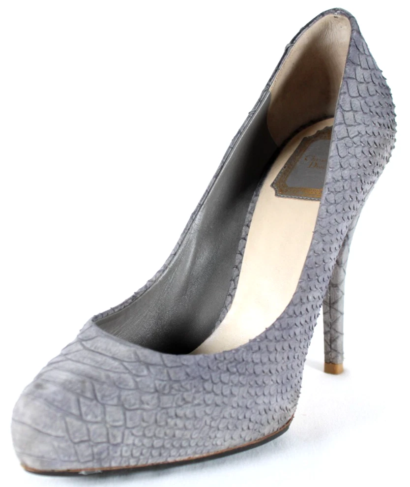 Escarpins à talons plateforme DIOR bleu poussiéreux imprimé python daim bout amande 38,5