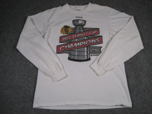 Chicago Blackhawks Shirt Men Large White Reebok NHL Hockey Long Sleeve Champions - Afbeelding 1 van 10