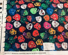 Dear Stella Bone to be Wild Creepy Skulls on Black Cotton Fabric By the Yard