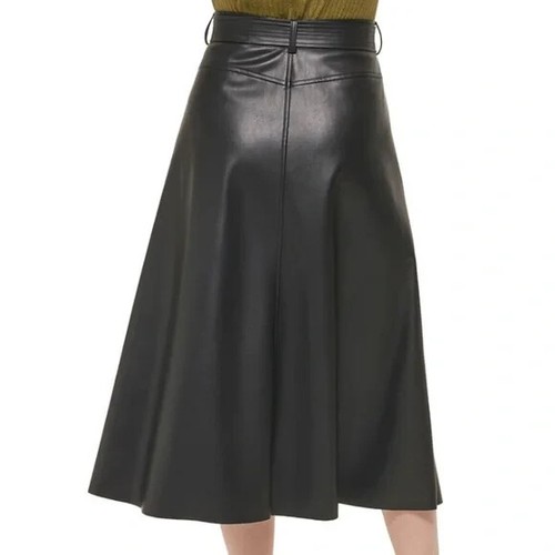 Calvin Klein Black Faux Leather Button Front Belted A-Line Midi Skirt - Picture 3 of 14