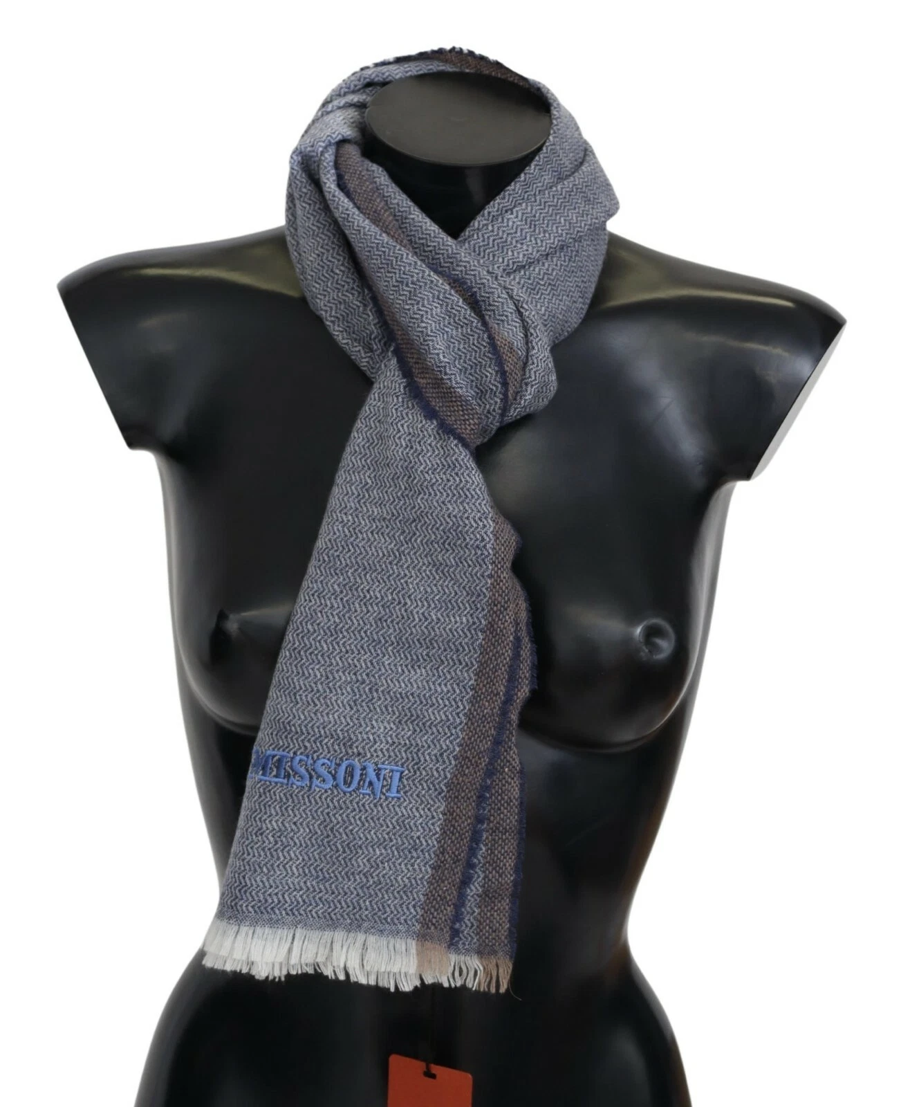 MISSONI Scarf Gray Striped Wool Unisex Neck Wrap Fringes Logo 160cm x 37cm $340